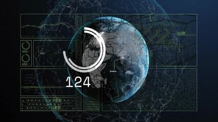Poster - Central 3D globe rotating in holographic dashboard, showing progress ring and data panels