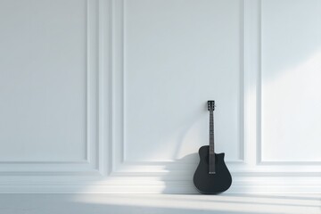 Poster - pristine white wall adorned with single sleek black acoustic guitar minimalist aesthetic