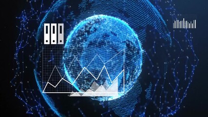 Poster - Digital holographic Earth globe floating in 3D interface featuring binder icons and data charts
