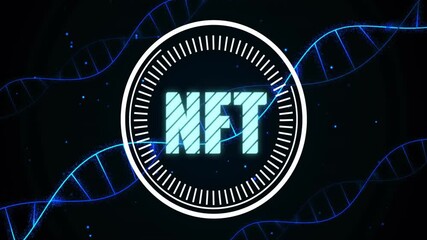 Poster - Central glowing cyan NFT label floating inside circular white gauge among blue DNA helix strands