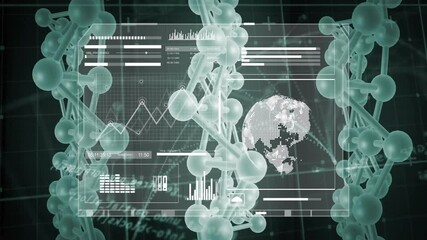 Poster - 3D molecular helix being visualized over grid, featuring holographic line graphs and bar charts