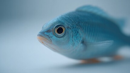 Poster - single fish rests against plain background with people softly out-of-focus minimalistic composition