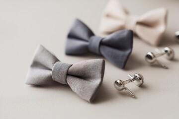 Poster - close-up of neatly arranged bow ties and cufflinks against smooth light-colored backdrop with ample copy space