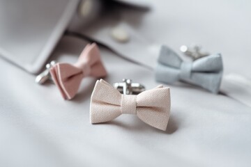Poster - close-up of neatly arranged bow ties and cufflinks against smooth light-colored backdrop with ample copy space