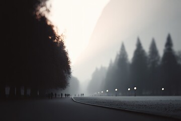 Poster - in serene nature reserve people wander quietly along winding path with blurred figures in background