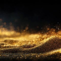 Poster - Shimmering gold dust landscape on black background creating a dreamy and ethereal atmosphere with bokeh effect