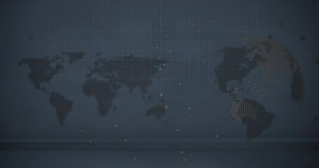Poster - Stylized world map graphic being animated in dark blue digital data grid with floating light dots