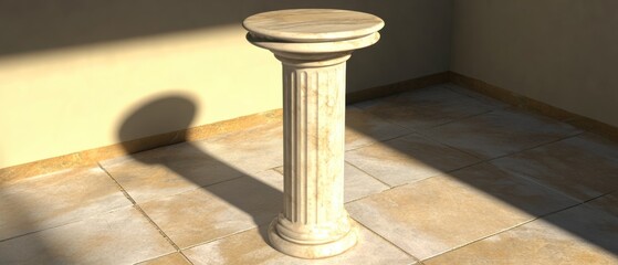 Poster - Elegant marble column pedestal bathed in warm light casting shadows on stone tile floor architectural detail
