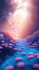 Poster - Microscopic World of Cells and Molecules in a Vibrant Blue Landscape with a Luminous Glow Creating a Sense of Wonder and Discovery