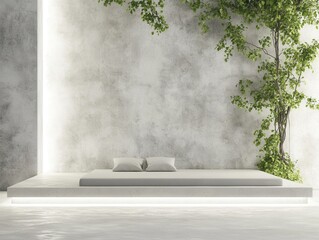 Poster - Serene minimalist platform bed with natural light against a textured wall and lush green foliage creating a peaceful indoor space
