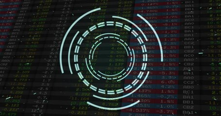 Poster - Translucent teal HUD rings rotating over scrolling financial grid, dots drifting across display