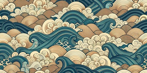 Canvas Print - vintage japanese oriental swirl sea wave cloud seamless pattern, mystical, art deco, mystical, art d