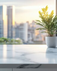 Poster - Serene Indoor Oasis Plant on Marble Countertop with Cityscape Backdrop and Warm Sunlight for Stock Photography