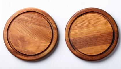 Poster - Two brown wood plates. Round wooden boards on white. Flat surfaces for placing food. Natural textures show on each plate. Light and shadows enhance the grain. Simple and clean design of plates.