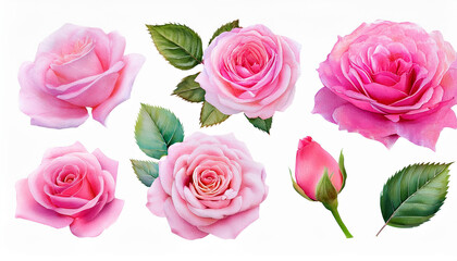 Poster - Pink roses isolated on white. Several open flowers and one bud shown with green leaves. Floral design elements for prints, backgrounds, cards and other designs. Romantic roses.
