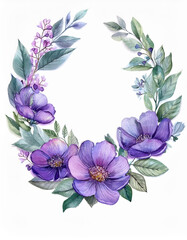 Poster - Floral wreath image. Round shape with purple flowers and green leaves. Design for invitation or greeting card. Decorative frame on white background. Artistic watercolor illustration.