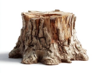 Poster - Isolated Tree Stump on White Background Capturing Natural Wood Texture and Warm Tones for Ecological Themes and Forestry Concepts