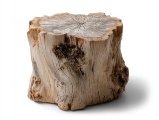 Poster - Rustic Wooden Stump on White Background Showing Natural Texture and Rings in Studio Lighting