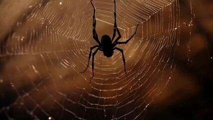 Spider hanging on detailed web with backlight in dark atmospheric setting