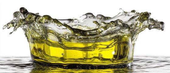 Poster - Dynamic splash of vibrant yellow liquid creating a crown shape against a pristine white background in studio shot