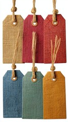 Poster - Colorful textured paper tags hanging with natural twine on a white background creating a vibrant and inviting design for various creative projects