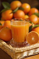 Poster - Refreshing orange juice in glass with fresh oranges on wicker tray for healthy breakfast concept and vibrant citrus drink presentation
