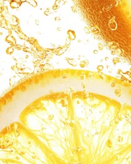 Poster - Refreshing citrus fruit slice with splashing water drops on a bright white background creating a vibrant and juicy summer mood