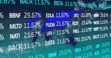 Poster - Stylized world map graphic showing global stock tickers and percentages in 3D data dashboard