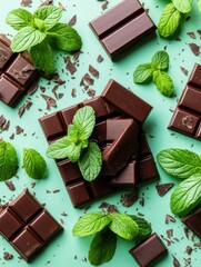Poster - Delicious dark chocolate squares with fresh green mint leaves on a light green background creating a refreshing and sweet treat perfect for a dessert