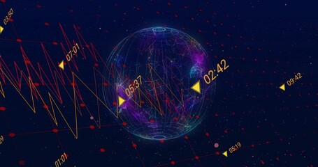 Poster - Rotating wireframe globe glowing inside data visualization space, showing time pointers and charts