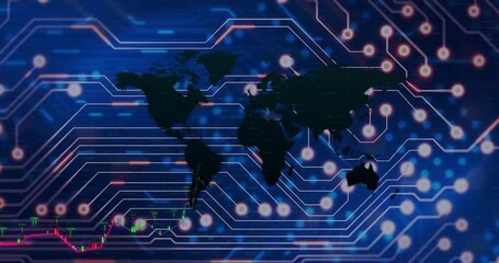 Poster - World map silhouette connecting circuit lines and red glowing nodes displaying neon financial chart
