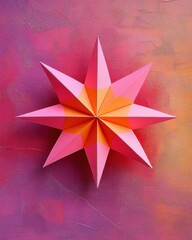 Poster - Geometric paper star in pink and orange hues on a textured background creating a vibrant and modern artistic composition with a touch of warmth