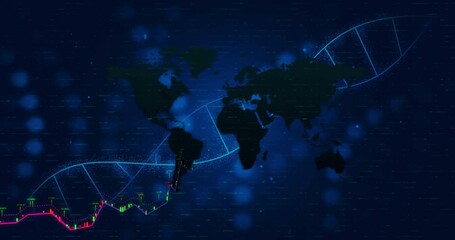 Poster - Animated infographic showing world map silhouette with DNA helix weaving amid neon stock charts
