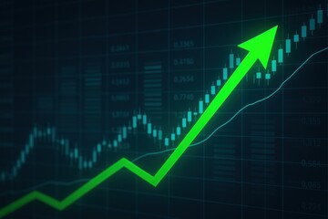 Poster - Uptrend Arrow: A vibrant, stylized green arrow ascends sharply against the backdrop of a financial chart, suggesting growth and success. The dark background accentuates the arrow's direction.
