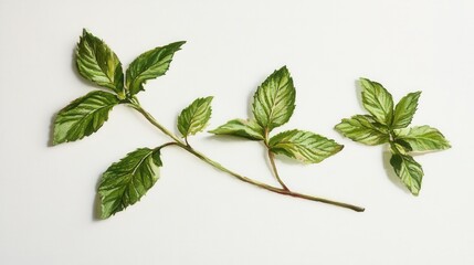Poster - Watercolor Painting of Fresh Mint Sprigs on White Background Capturing Delicate Details and Light Play for Culinary and Artistic Projects