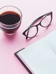 Poster - Minimalist Workspace with Coffee Glasses and Open Notebook on Pink Background for Creative Writing