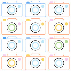 Poster - Colorful camera icons arranged in grid, showcasing various designs and colors, perfect for photography themes, on white background, commercial use