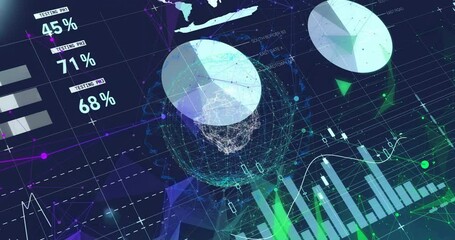 Aufkleber - 3D wireframe globe being visualized in data dashboard, with pie charts and data visuals