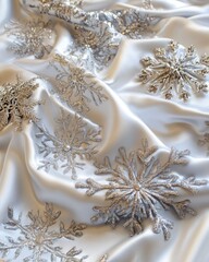 Poster - Elegant Silver Snowflake Ornaments on Luxurious White Silk Fabric Winter Holiday Festive Decoration Background