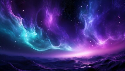 Wall Mural - a shimmering aurora of cosmic energy swirls through dark space creating ethereal wisps of iridescent light and mysterious nebulous formations rendered in vibrant purples and teals