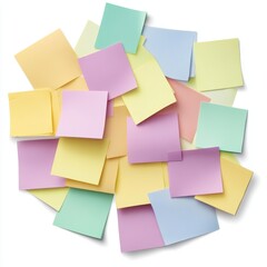 Poster - Pastel colored sticky notes scattered on a white background creating a vibrant and organized chaos from above in a flat lay style
