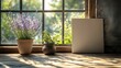 © huhu - Sunlit window sill with lavender, herbs, and blank canvas.