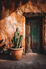 Poster - Rustic Charm Cactus in Terracotta Pot Against Adobe Wall and Weathered Wooden Doorway in Warm Light