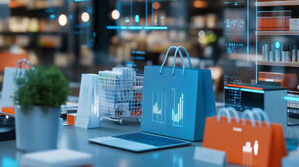 Poster - E-commerce data analysis event modern office digital display retail environment overhead view business insights