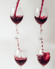 Poster - Elegant red wine cascade filling crystal glasses in a sequence against a clean white background capturing the movement and rich color