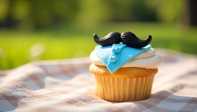 Happy Father's Day greeting card with cup cake, Father's Day Vanilla cupcake with licorice moustache, shirt collar frosting, on a sunny picnic blanket, created with generative ai