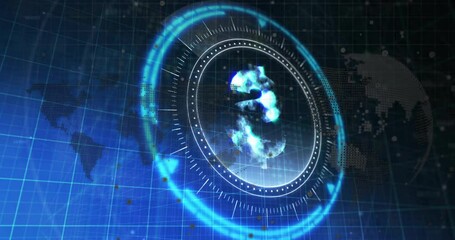 Poster - Glowing circular HUD rotating over blue grid with particle cloud, golden dots and dotted world map