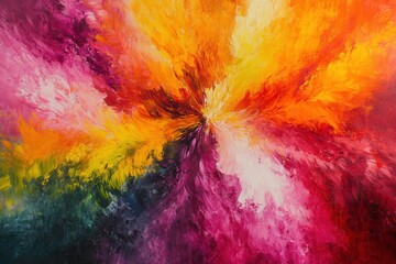 Poster - Vibrant explosion of color abstract painting with warm hues of orange yellow and pink creating a dynamic and energetic visual experience