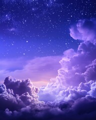 Poster - Ethereal nightscape with vibrant purple clouds under a starry sky creating a dreamy celestial atmosphere