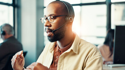 Poster - Customer service, man and talking with microphone at call center for product advice, discussion and help desk. Consultant, employee and headset for inbound query, online assistance and communication